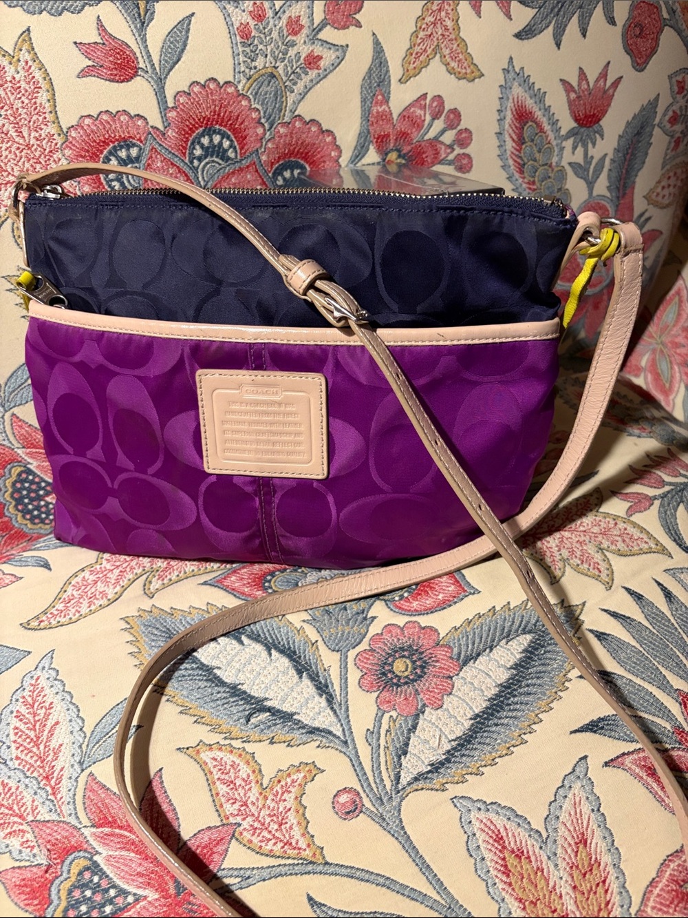 Coach Purple & Navy Two-Tone Signature Crossbody with Beige Trim